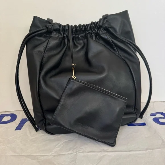NWT PROENZA SCHOULER Black Leather Drawstring Tote Bag With Detachable Zip Pouch - Picture 6 of 16